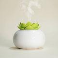 White humidifier with a green flower-shaped top on a dark background