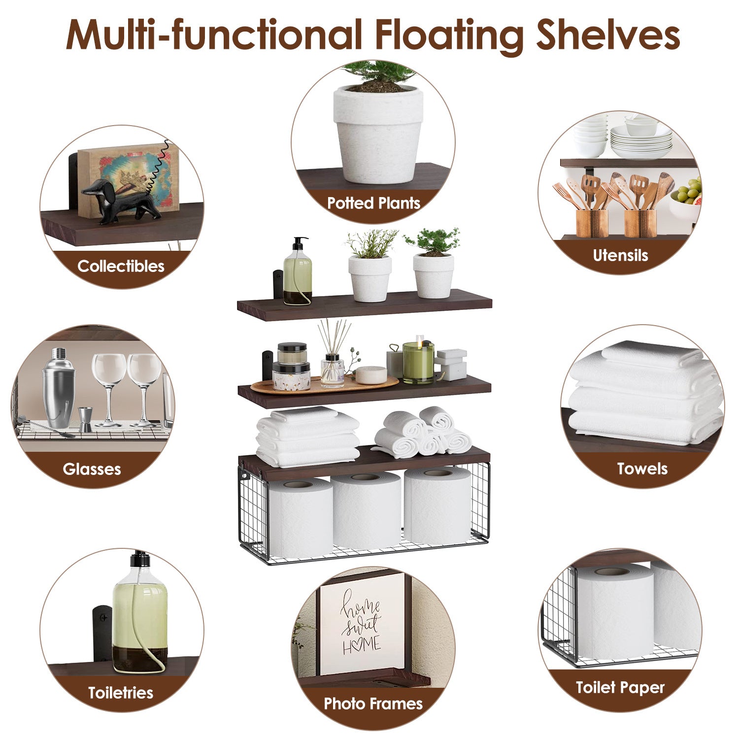 2-in-1 Floating Shelves with Storage Basket